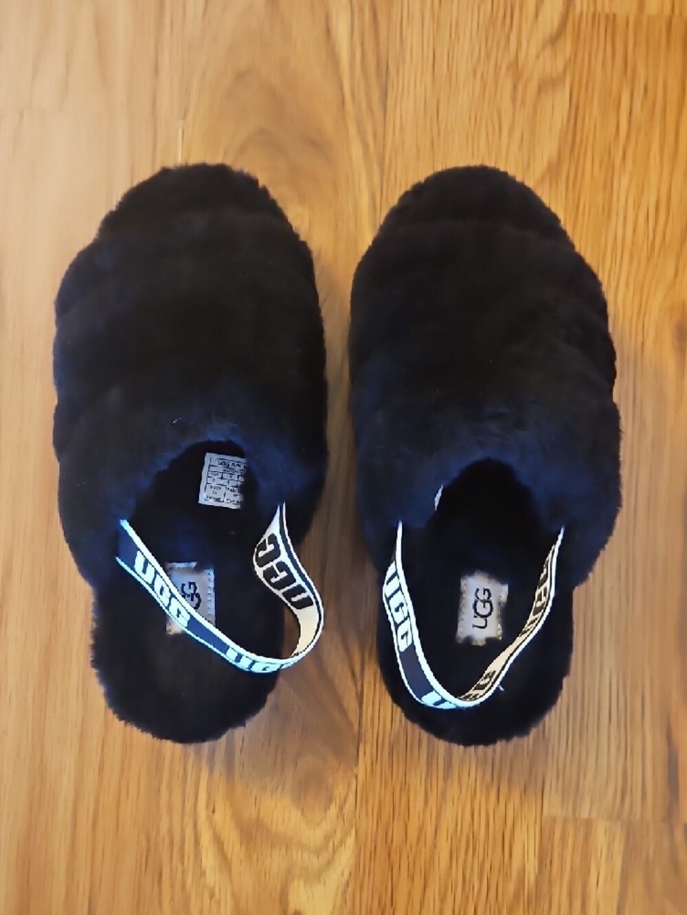 UGG Black Fluff Slides with Branded Heel Strap - Picture 3 of 4
